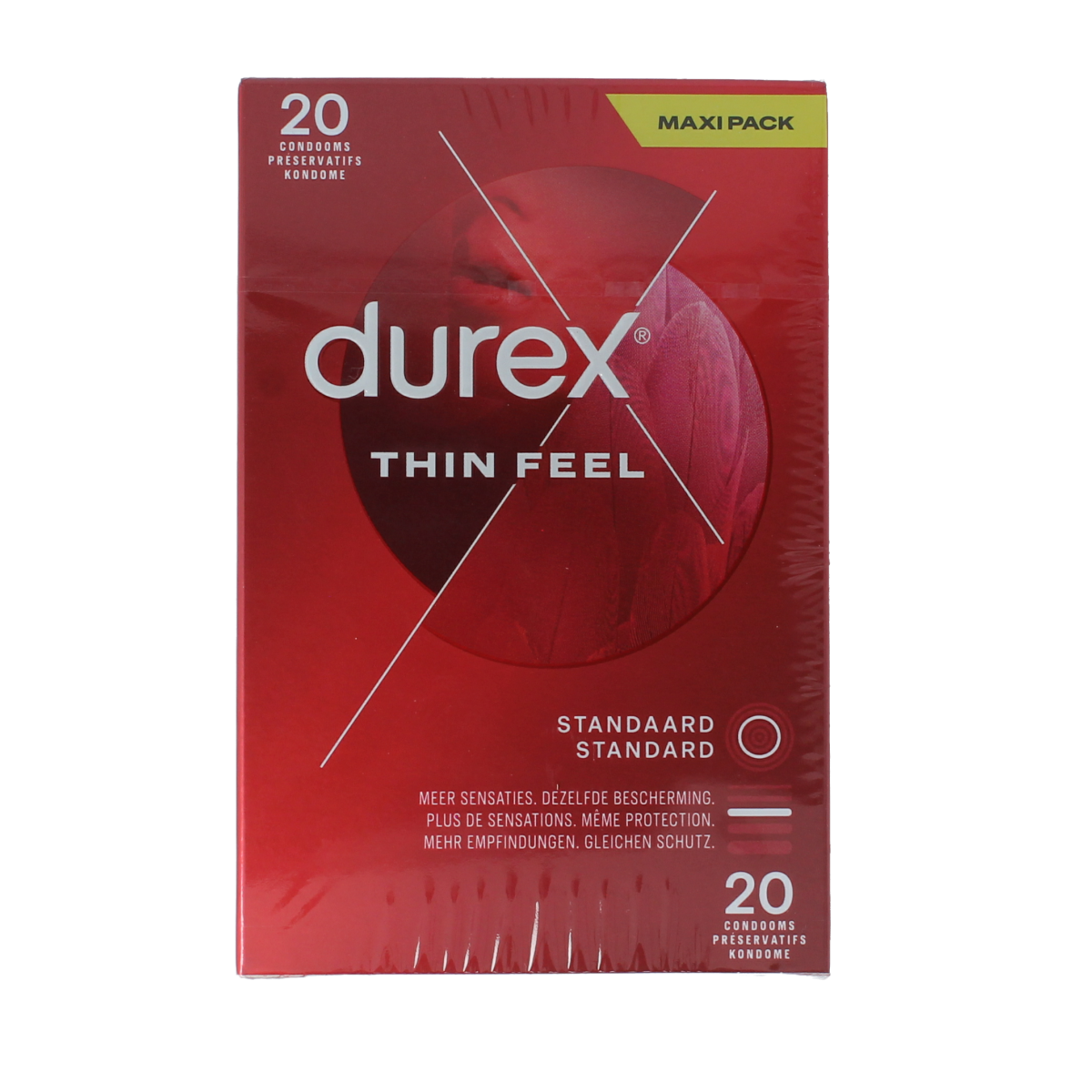 Durex Thin Feel condom pack with 20 condoms, featuring sleek packaging and individual wrappers for comfort and protection.