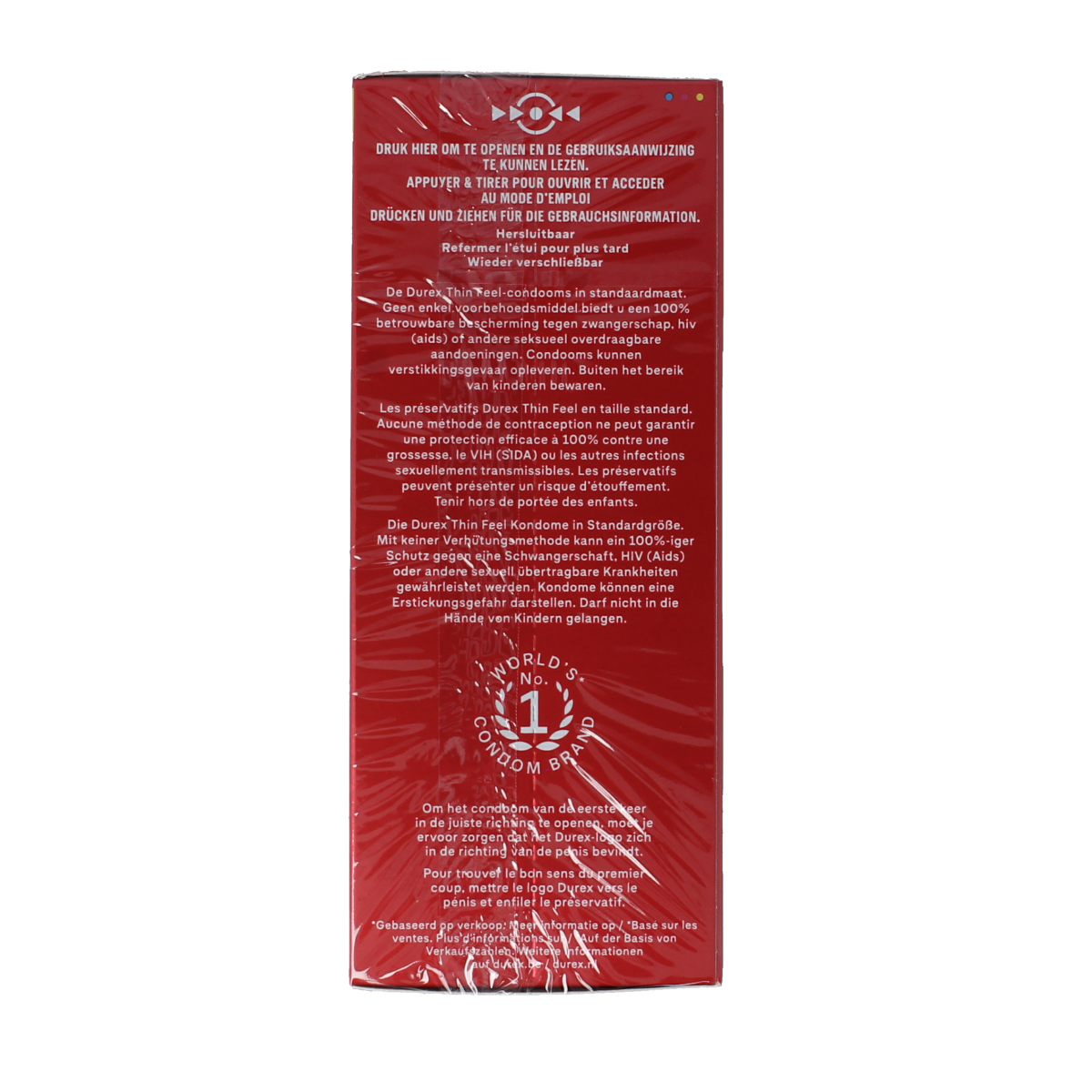 Durex Thin Feel condoms pack of 20, featuring slim, discreet design for enhanced sensitivity, with the Durex brand logo visible.