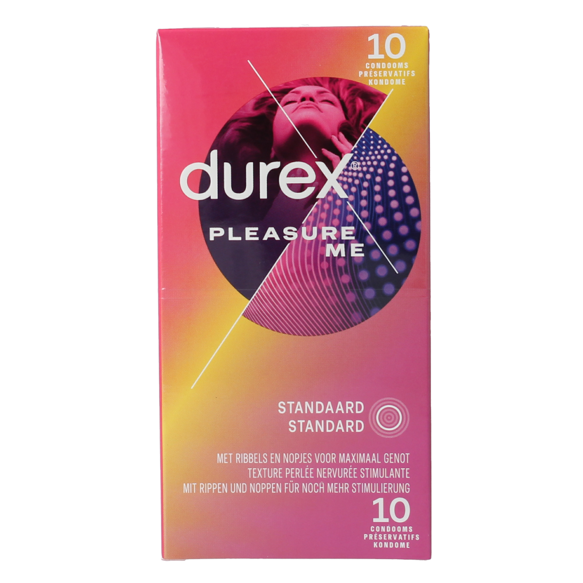 Durex Pleasure Me condoms pack with 10 pieces, featuring colorful packaging and the Durex logo on the box.