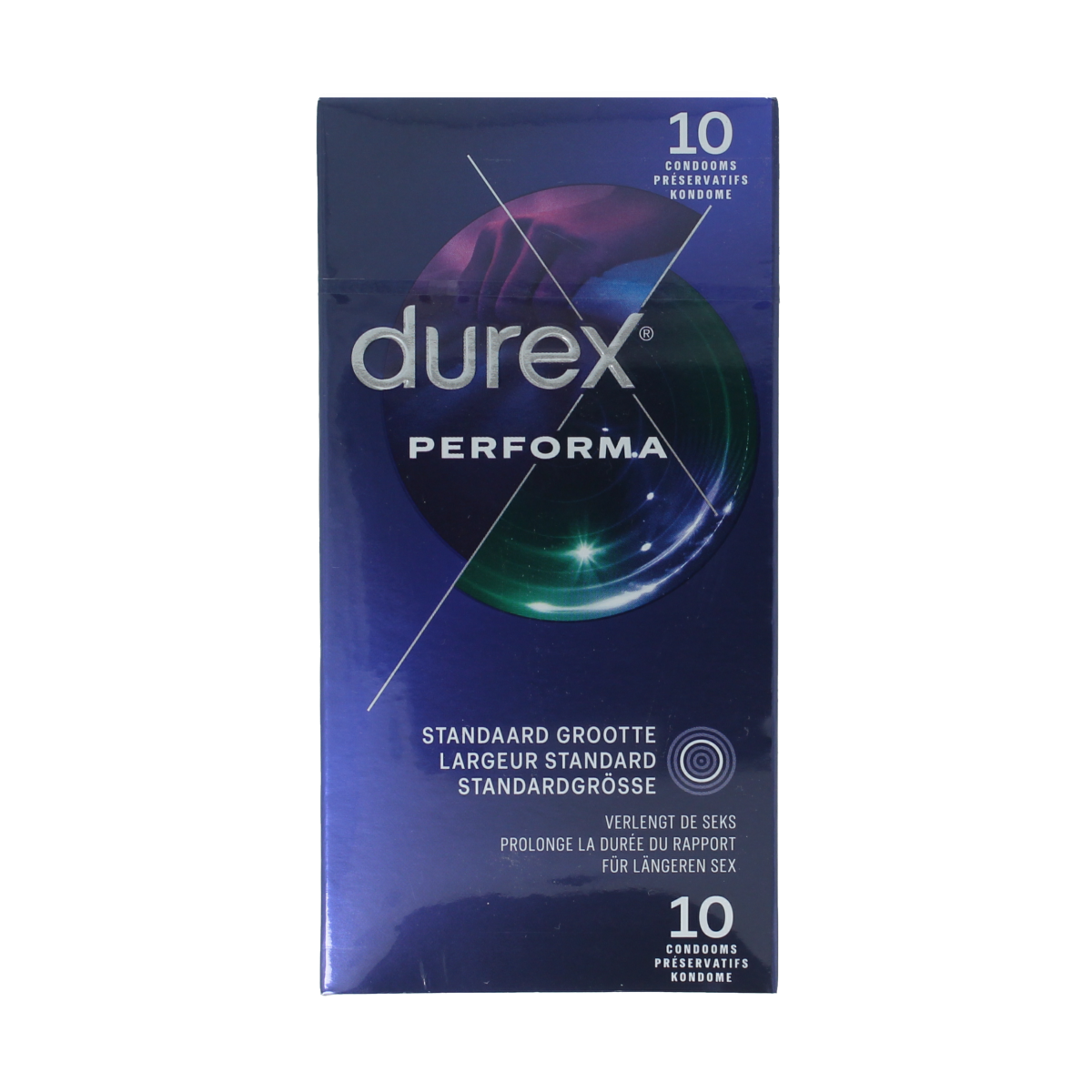 Durex Performa condoms pack with 10 pieces, featuring Durex branding and packaging details, displayed on a neutral background.