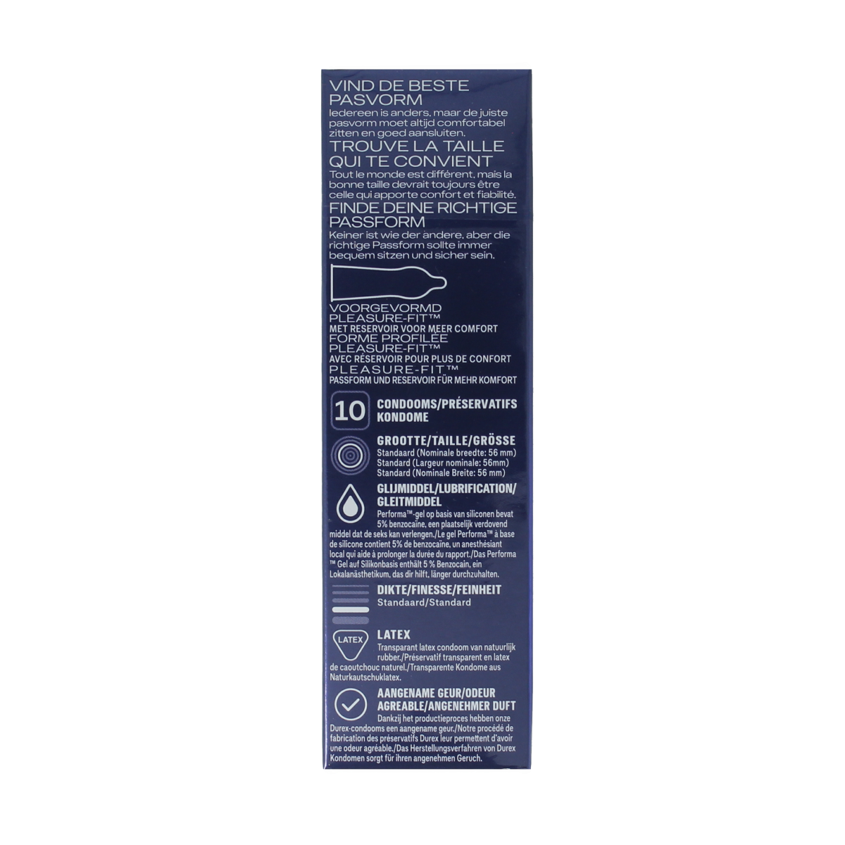 Durex Performa condoms, pack of 10, with the brand logo and packaging visible, designed for enhanced sexual pleasure.