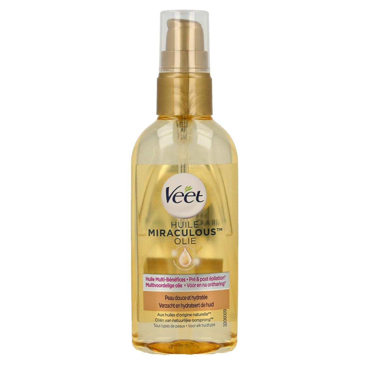 Veet Miraculous Oil in 100ml bottle, designed for shaving and hair removal, with a clear label and pump dispenser.