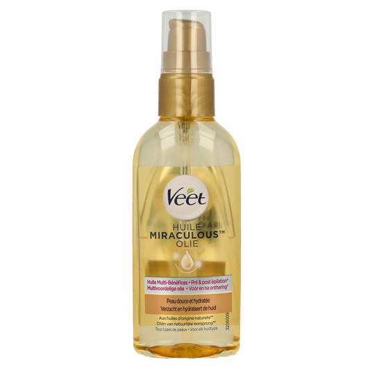 Veet Miraculous Oil in 100ml bottle, designed for shaving and hair removal, with a clear label and pump dispenser.