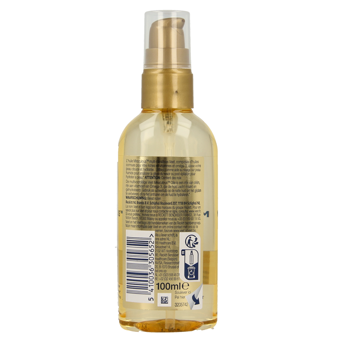 Veet Miraculous olie in 100ml bottle, designed for shaving and hair removal, with a sleek transparent container and blue label.