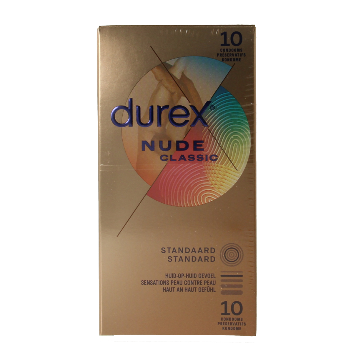 Box of Durex Nude condoms with 10 pieces, showing the packaging and condoms inside, designed for protection and comfort.
