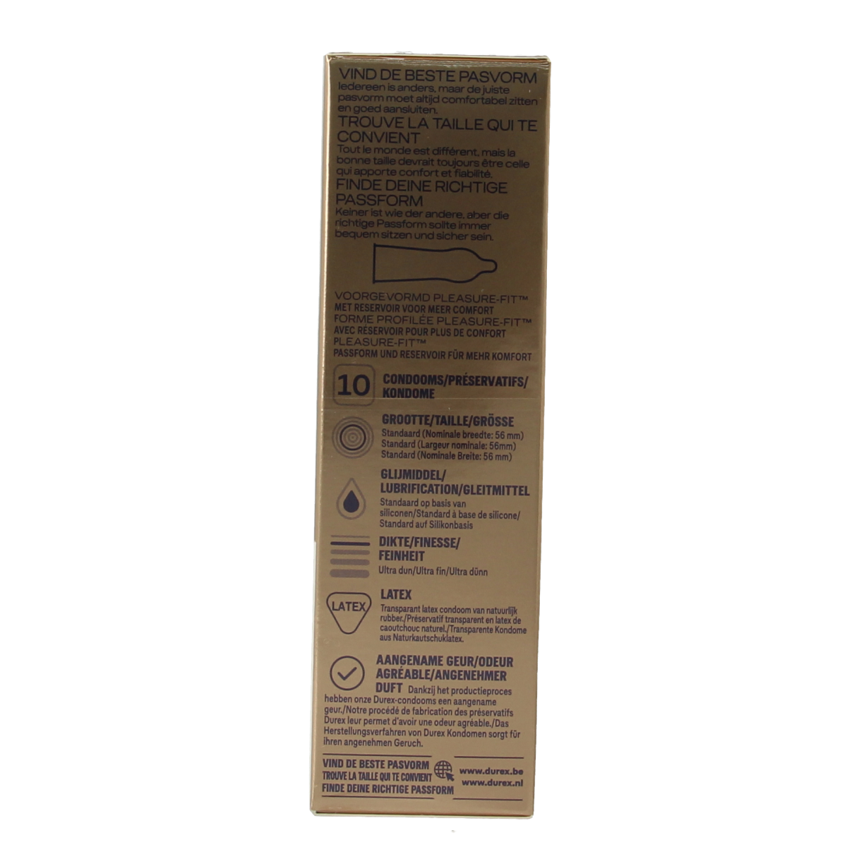 Durex Nude condom pack containing 10 pieces, featuring transparent, natural-colored condoms from Durex.