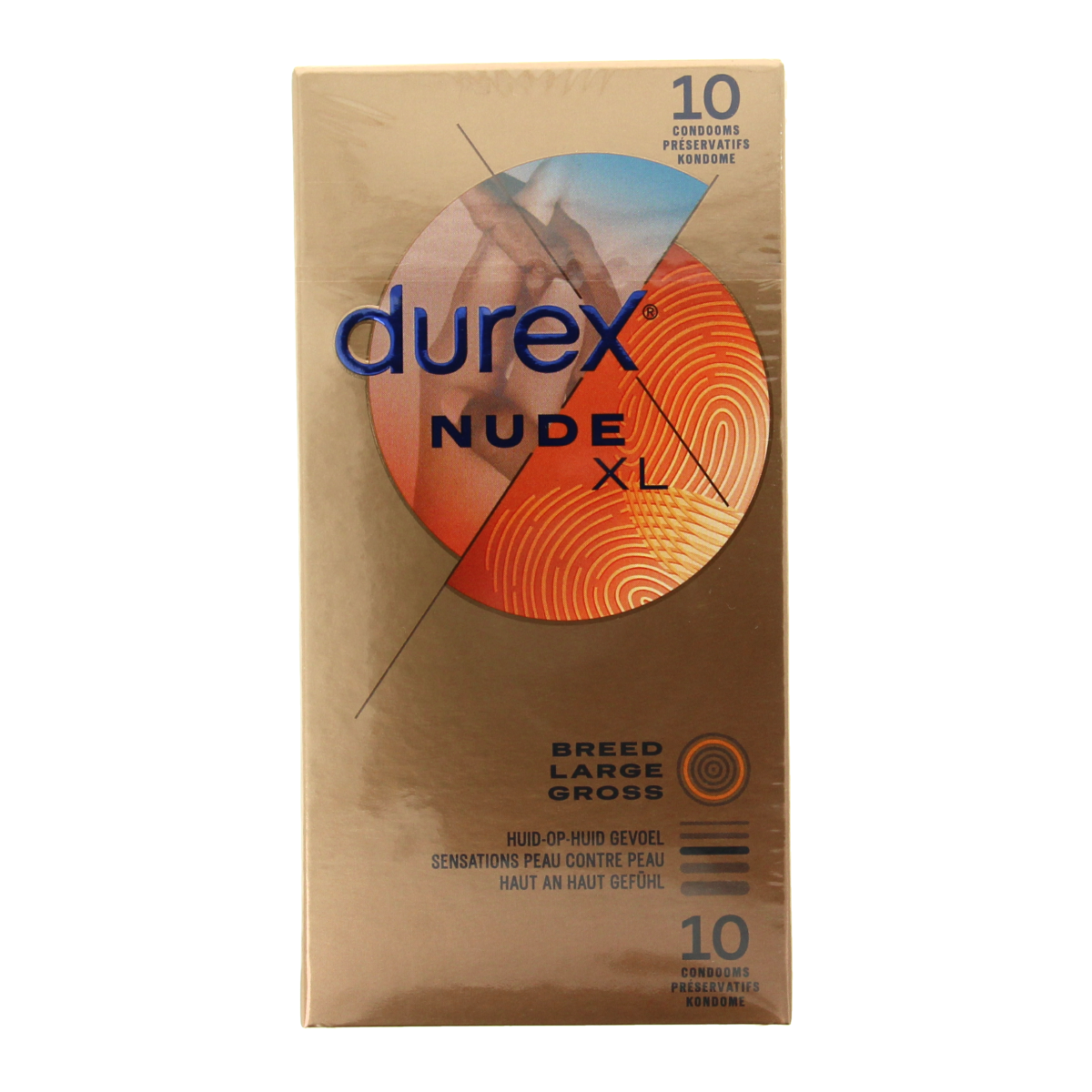 Durex Nude XL condoms package with 10 pieces, showing the condom box and branding on the packaging.