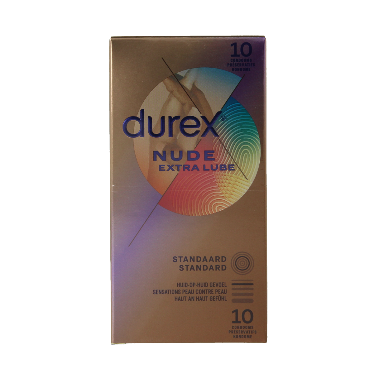 Durex Nude extra lube condoms package with 10 pieces, featuring clear and natural skin-tone design for protection and comfort.