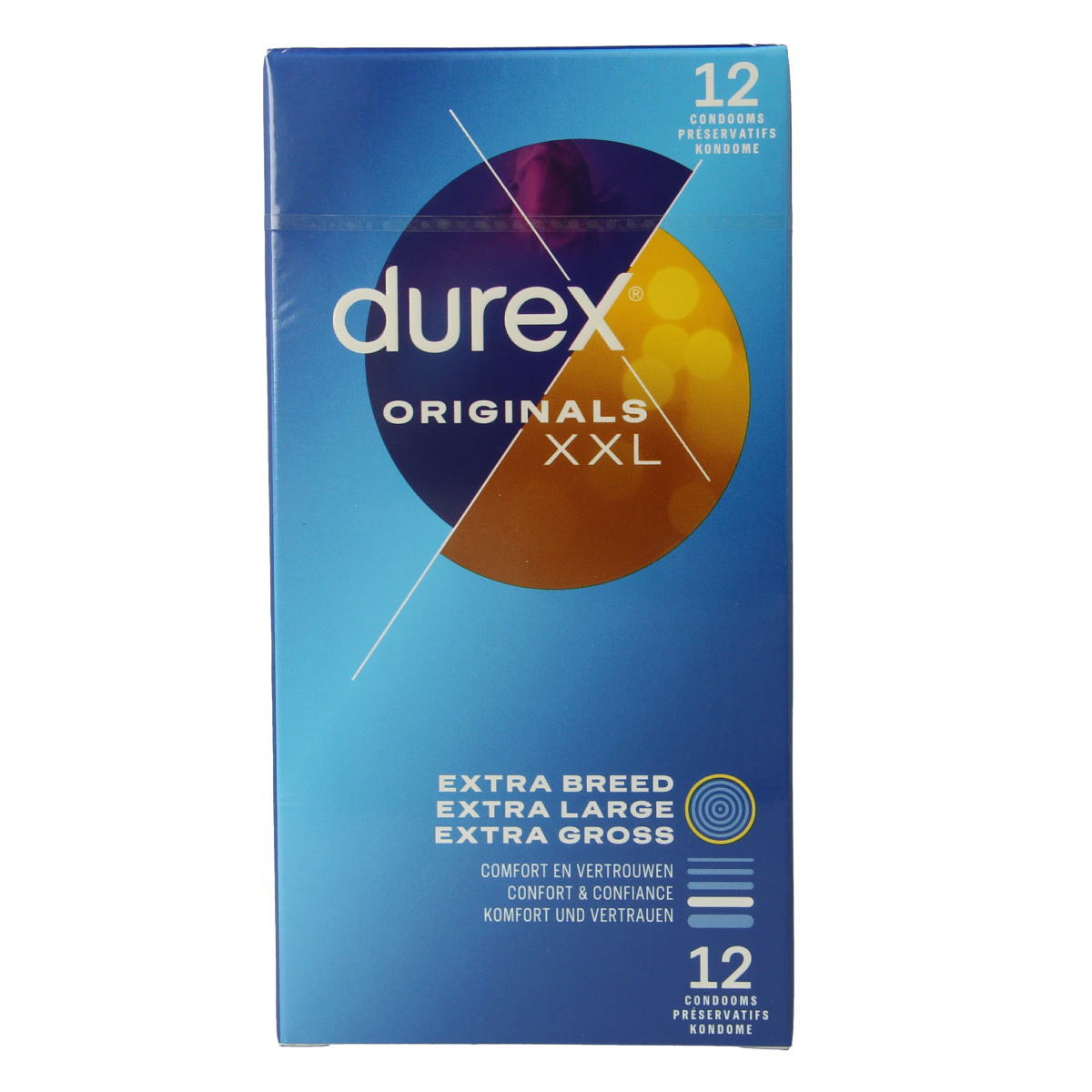Durex XXL condoms pack with 12 latex condoms displayed, showing the product packaging and branding.
