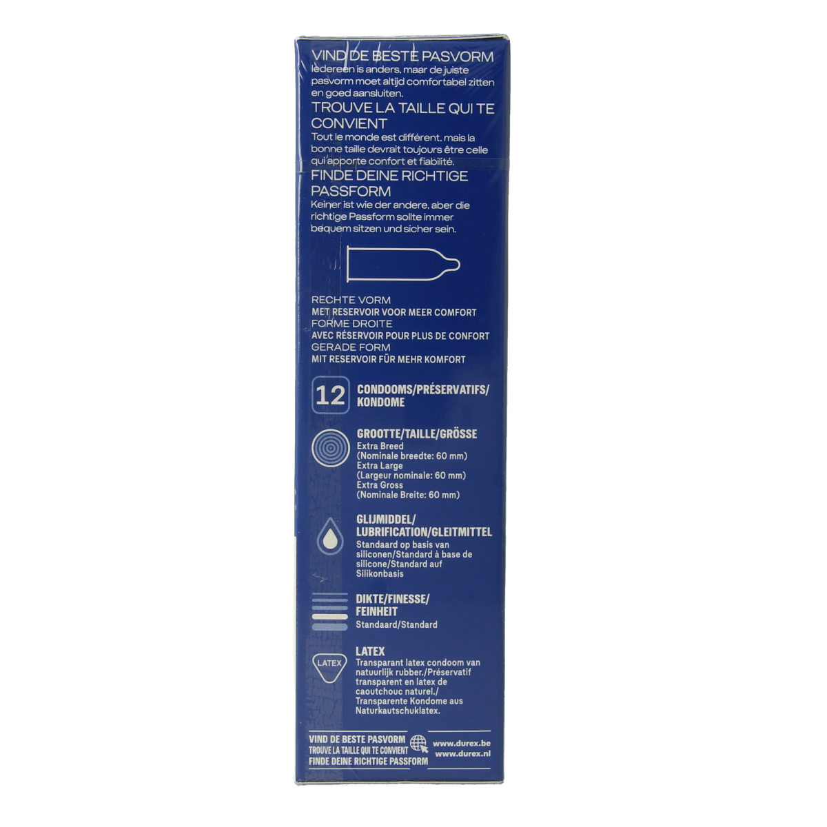 Durex XXL condoms pack with 12 individually wrapped condoms, featuring the Durex brand logo and product details on the packaging.