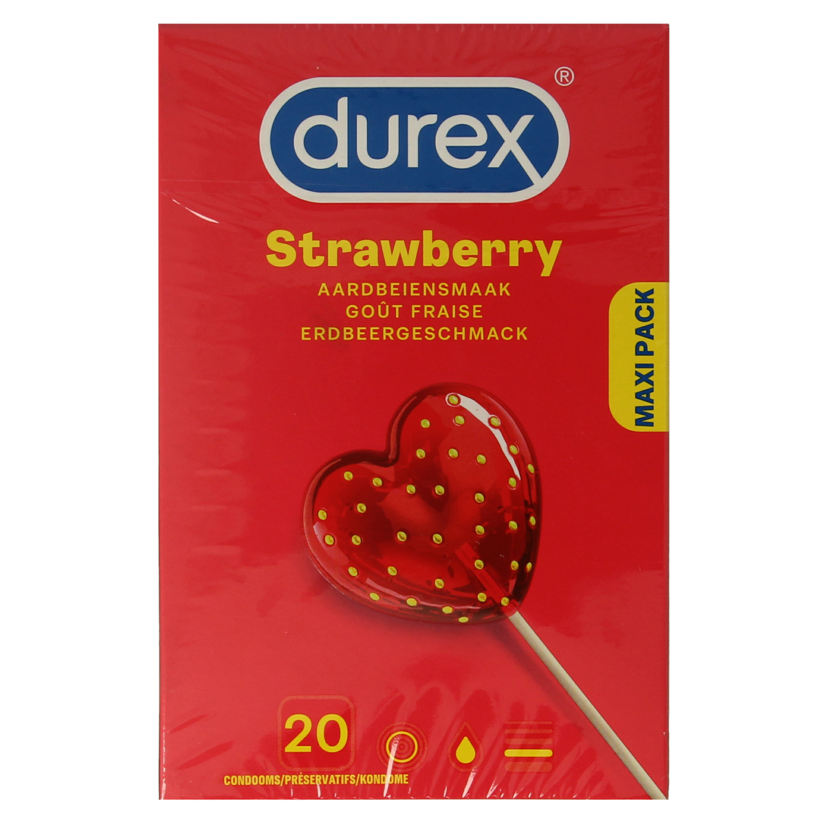 Box of Durex Condooms Sexy Strawberry, 20 pieces, featuring strawberry-flavored condoms in colorful packaging.
