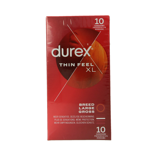 Durex Thin Feel XL condoms in a box of 10, featuring sleek packaging and clear branding for safe intimacy.