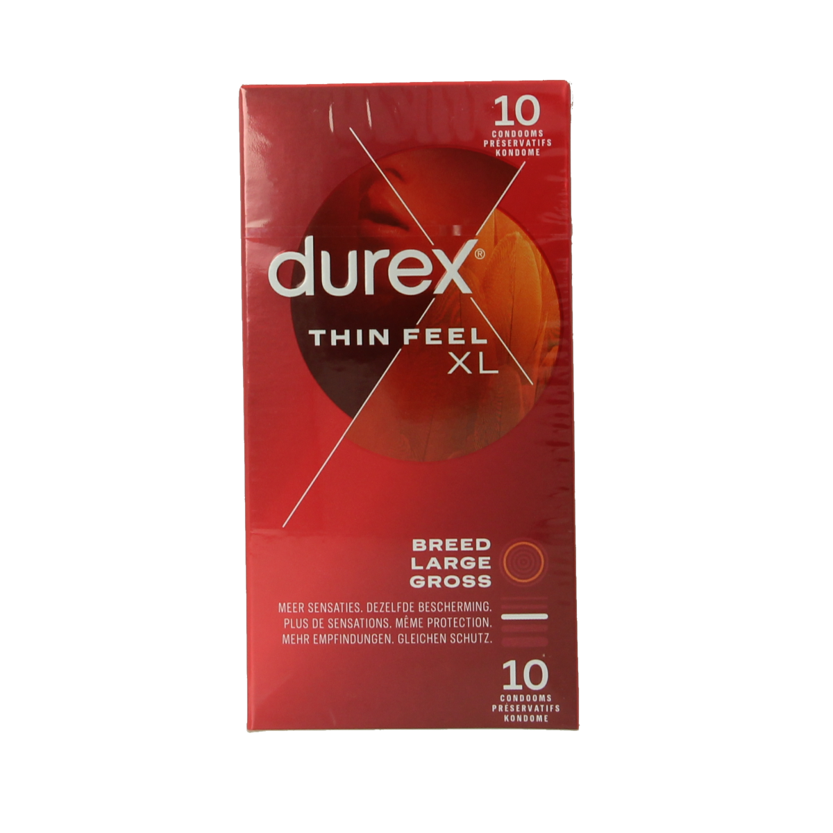 Durex Thin Feel XL condoms in a box of 10, showcasing the packaging with the brand logo and product description.