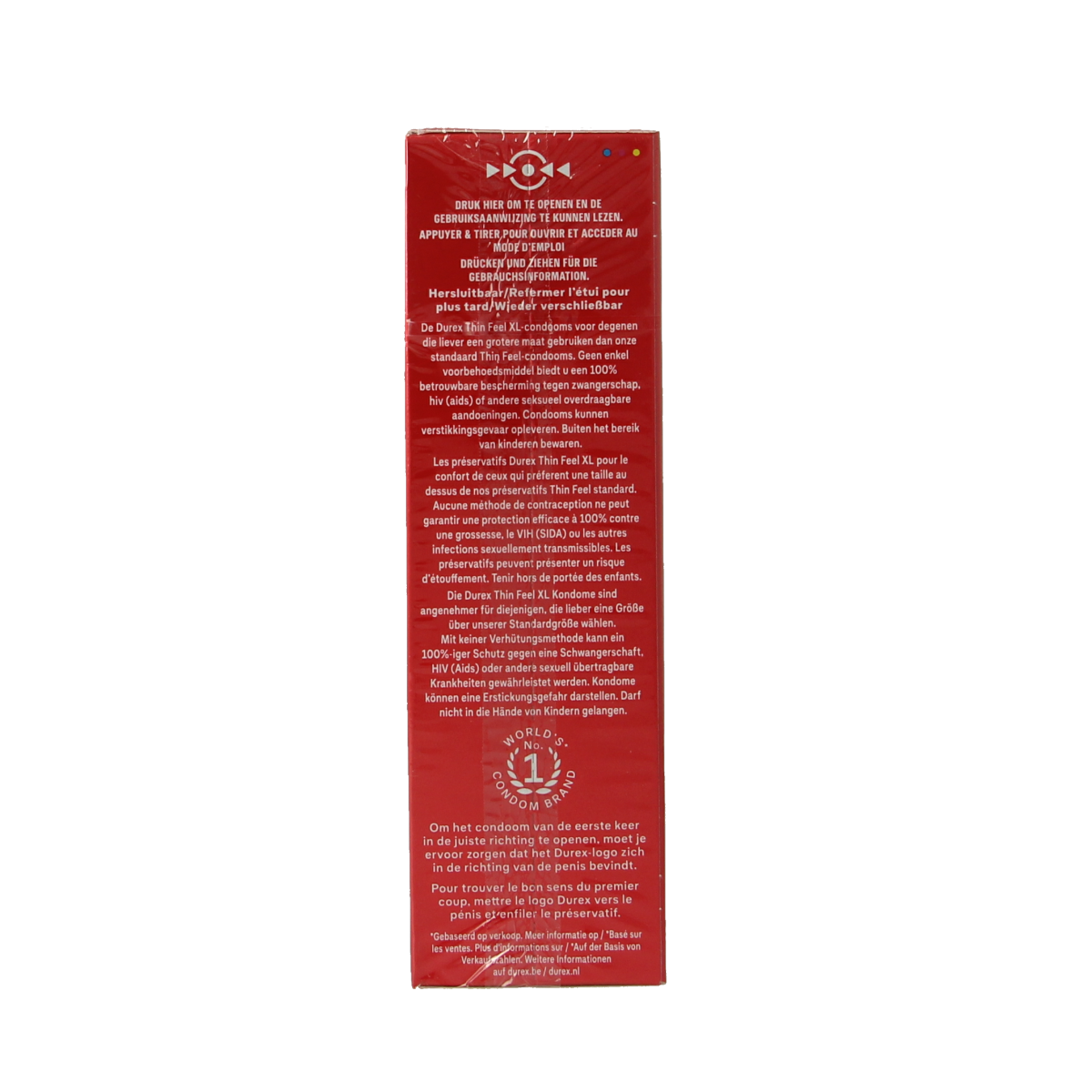 Durex Thin Feel XL condoms in a box, featuring clear packaging and 10 premium latex condoms for enhanced sensitivity and protection.