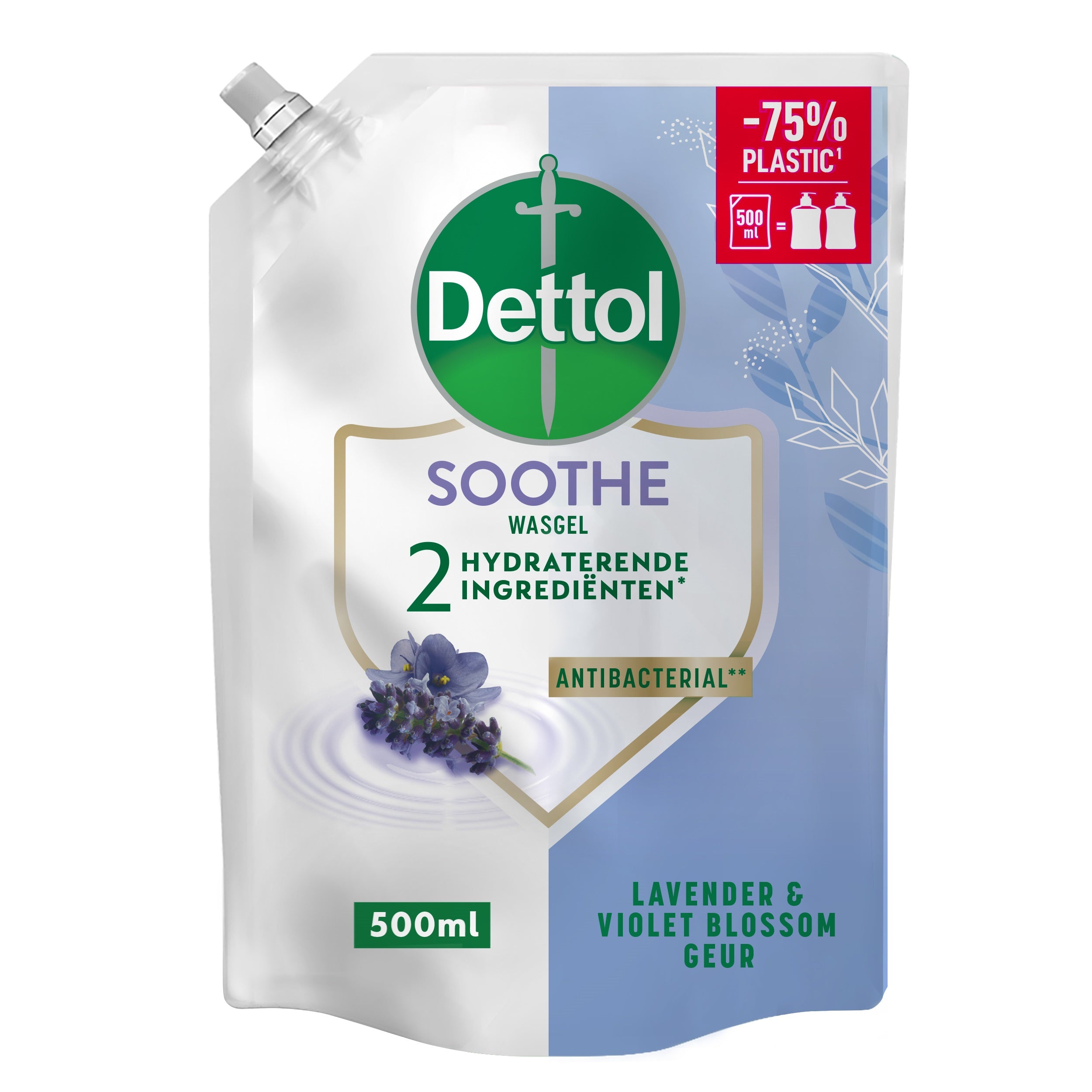 Dettol Refill hand soap bottle with relaxing lavender scent, 500ml, in a clear plastic container suitable for bathroom or kitchen use.