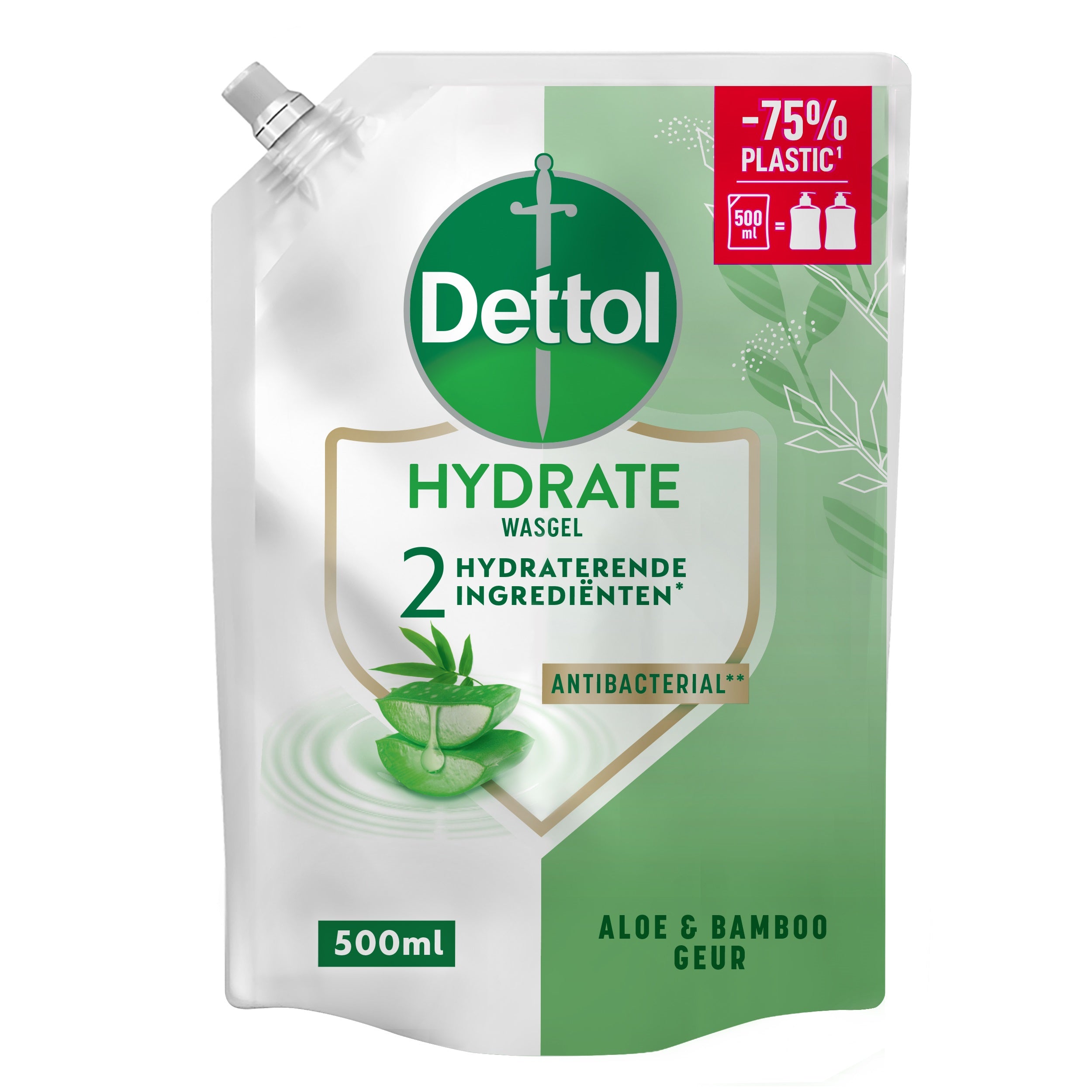 Dettol Hydra Aloe Vera hand soap refill bottle, 500ml, in a clear plastic container with green and white labeling.
