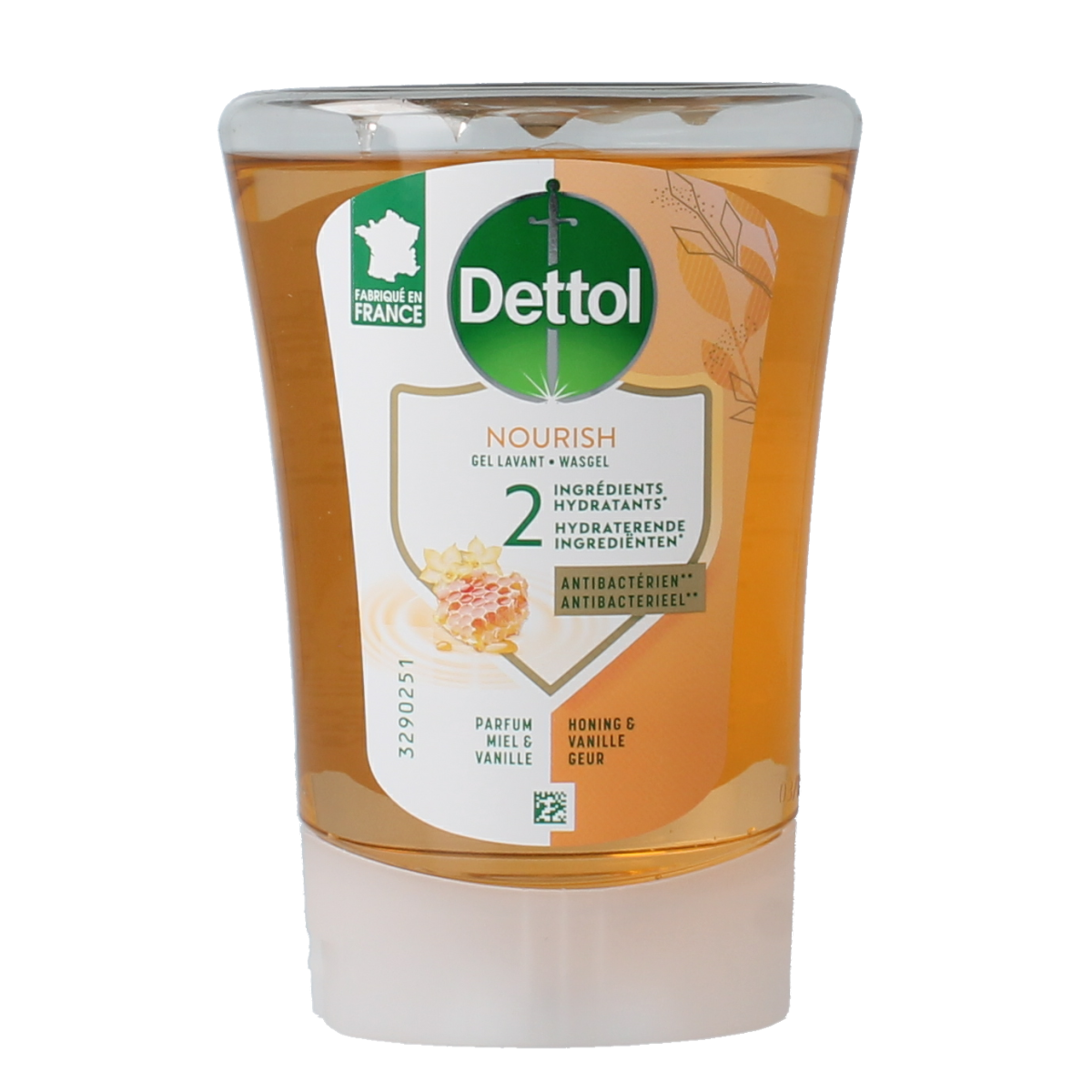 Dettol No-Touch Hand Care Refill with honey and shea butter, 250 mg, for moisturizing hand hygiene.