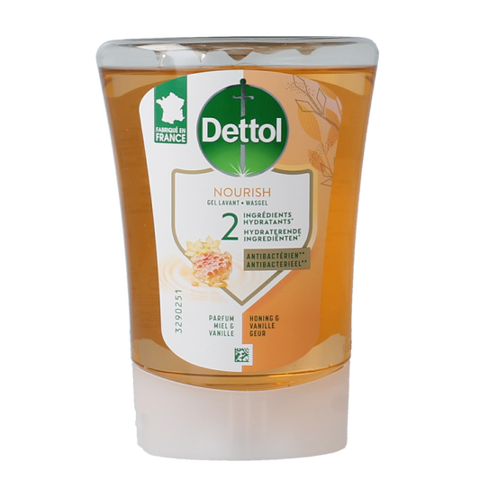 Dettol No-Touch Hand Care Refill with honey and shea butter, 250 mg, for moisturizing hand hygiene.