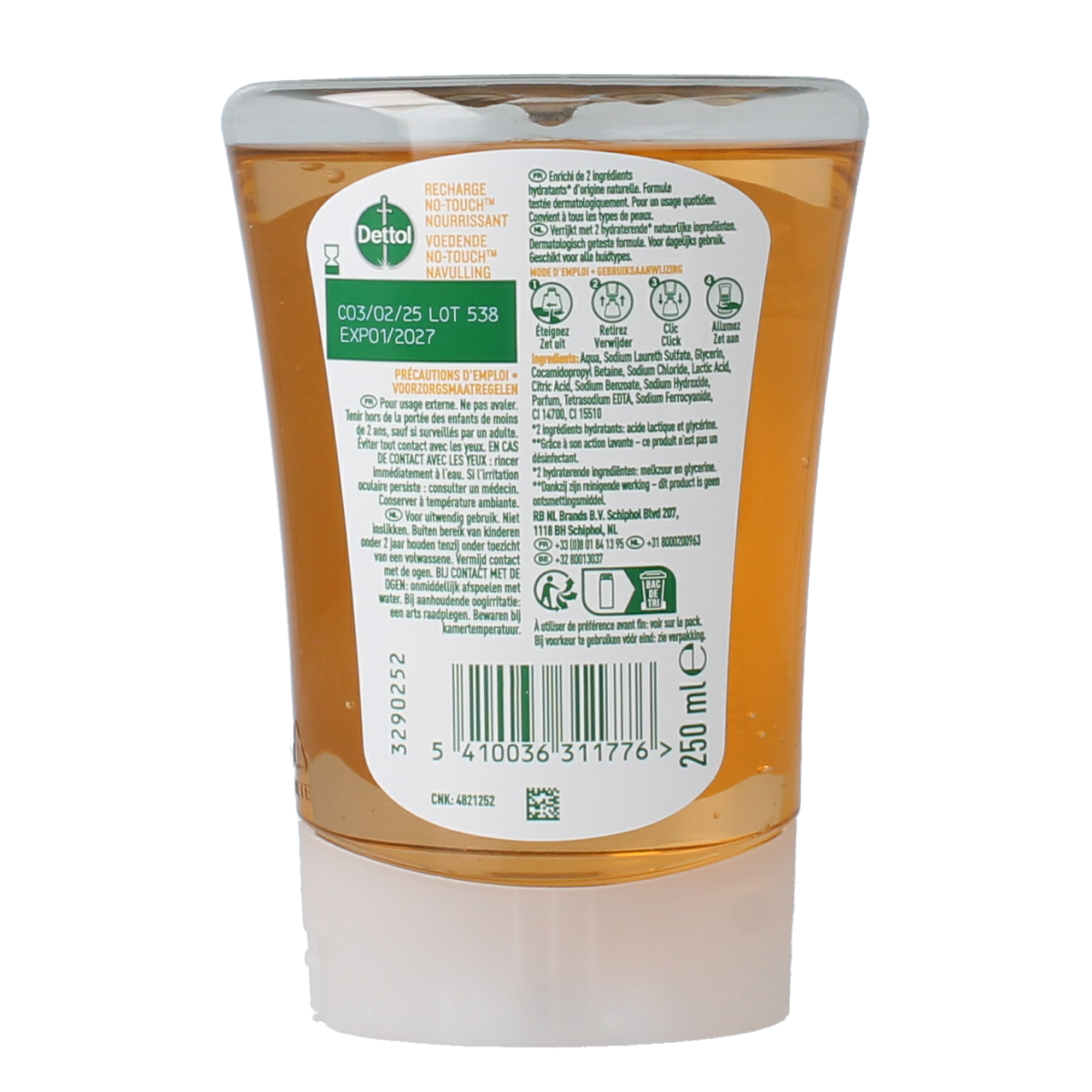 Dettol No Touch hand care refill with honey and shea butter, 250ml, for moisturizing hand sanitizer.