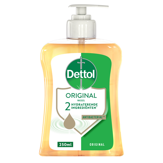 Dettol original hand wash gel in 250ml bottle, moisturizing hand care product with antibacterial properties.