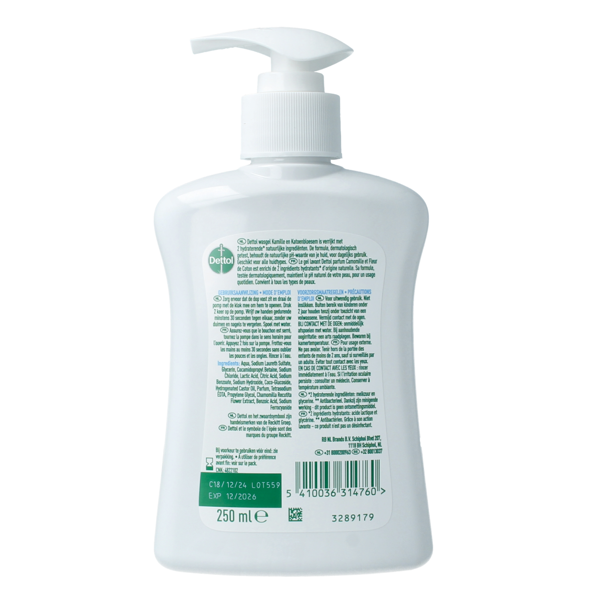 Dettol Extra Care Chamomile hand soap in a 250ml bottle, featuring a gentle formula and chamomile scent for clean hands.
