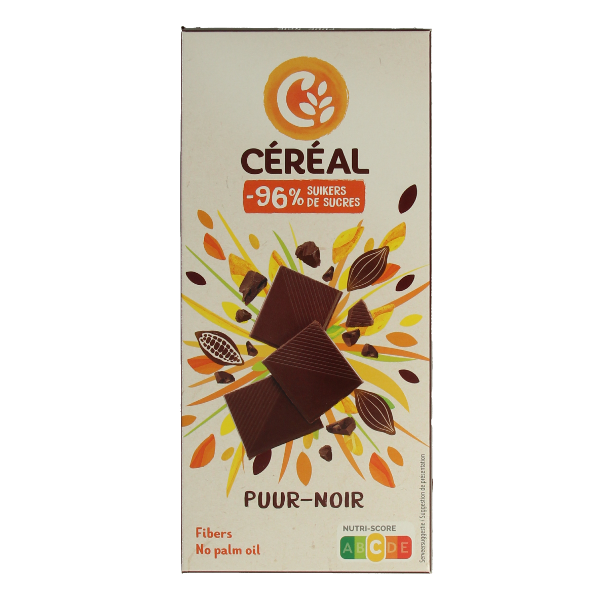 Cereal brand chocolate cereal tablet with puur maltitol, 80 grams, showing a close-up of the chocolate treat.