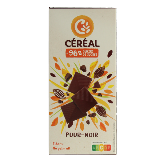 Cereal brand chocolate cereal tablet with puur maltitol, 80 grams, showing a close-up of the chocolate treat.
