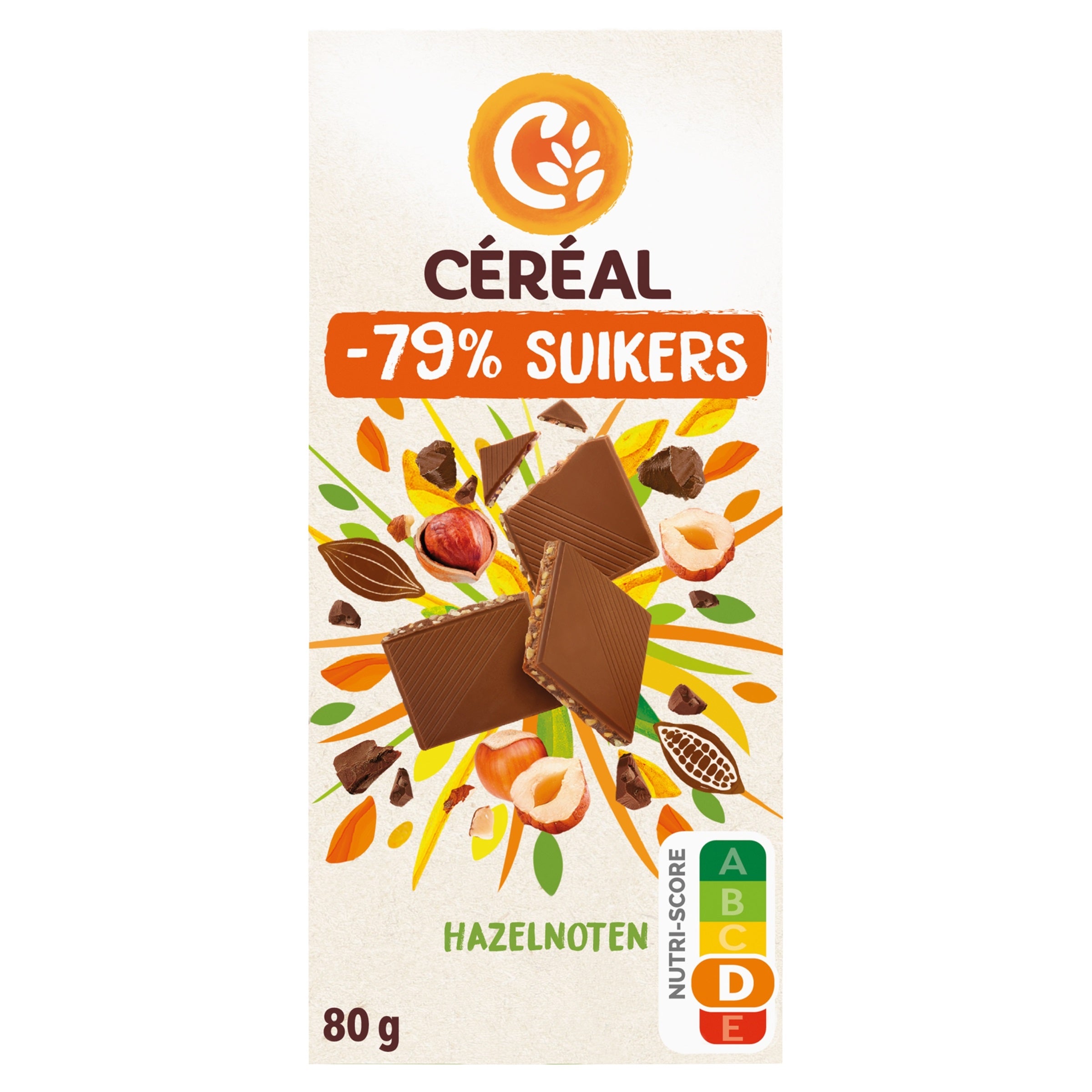 Cereal hazelnut maltitol chocolate tablet, 80g, with a smooth chocolate surface and visible hazelnut pieces.
