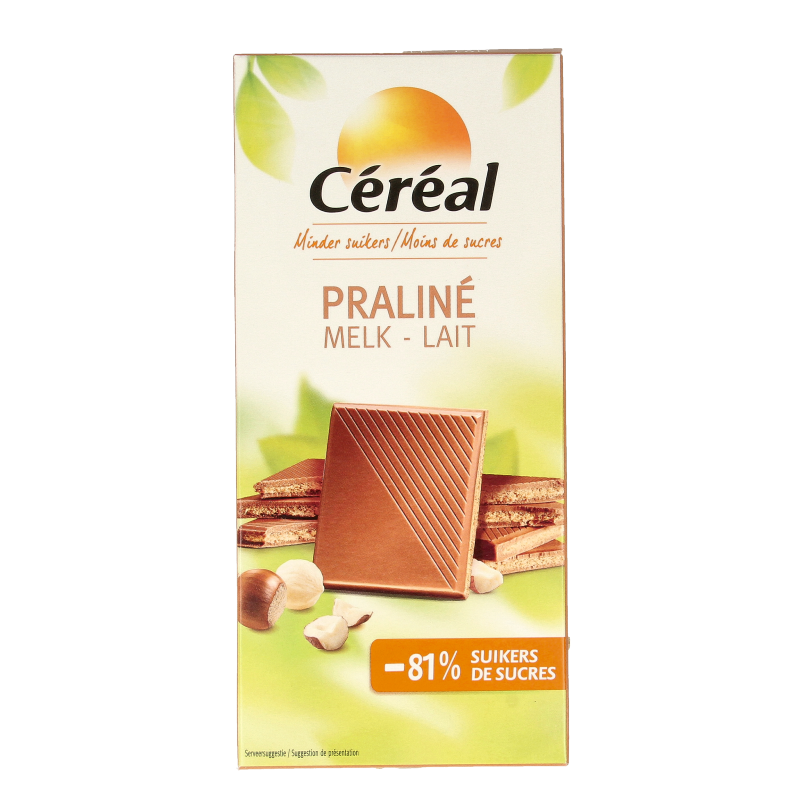 Cereal Chocolate Tablet with praline and maltitol, 100 grams, showing the chocolate bar with praline filling and crispy texture.