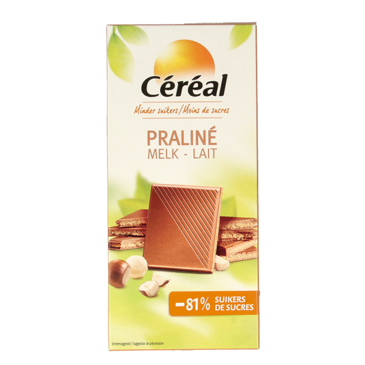 Cereal Chocolate Tablet with praline and maltitol, 100 grams, showing the chocolate bar with praline filling and crispy texture.