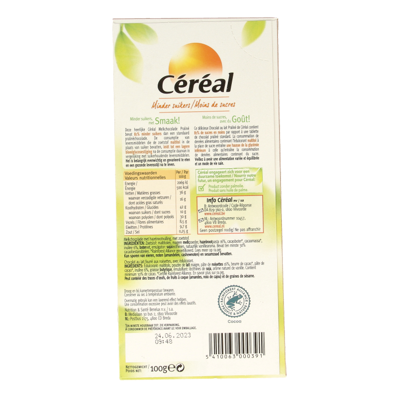 Cereal brand praline maltitol chocolate tablet, 100 grams, featuring a chocolate bar with praline filling.