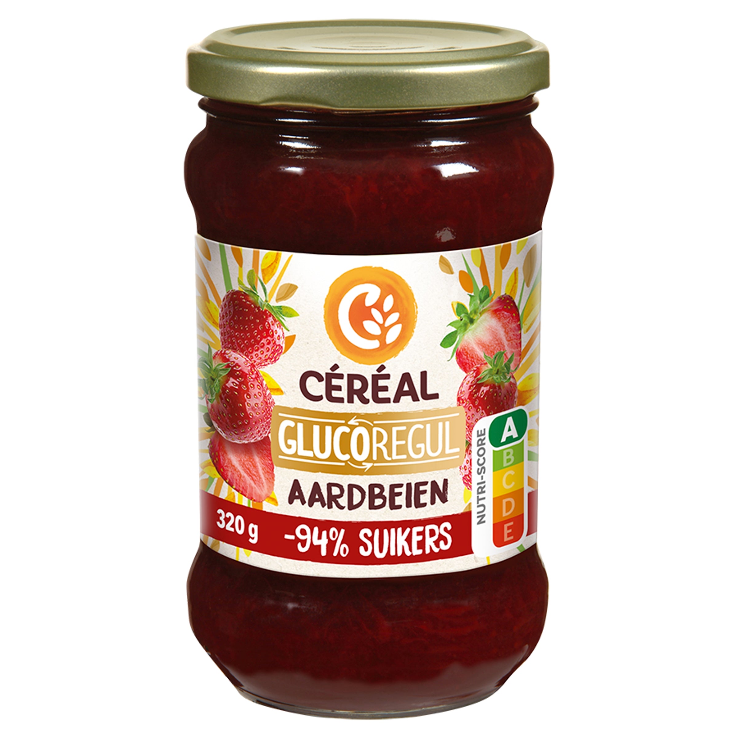 Cereal aardbeienjam minder suikers broodbeleg in 320g jar, fresh strawberries and jam spread on bread.
