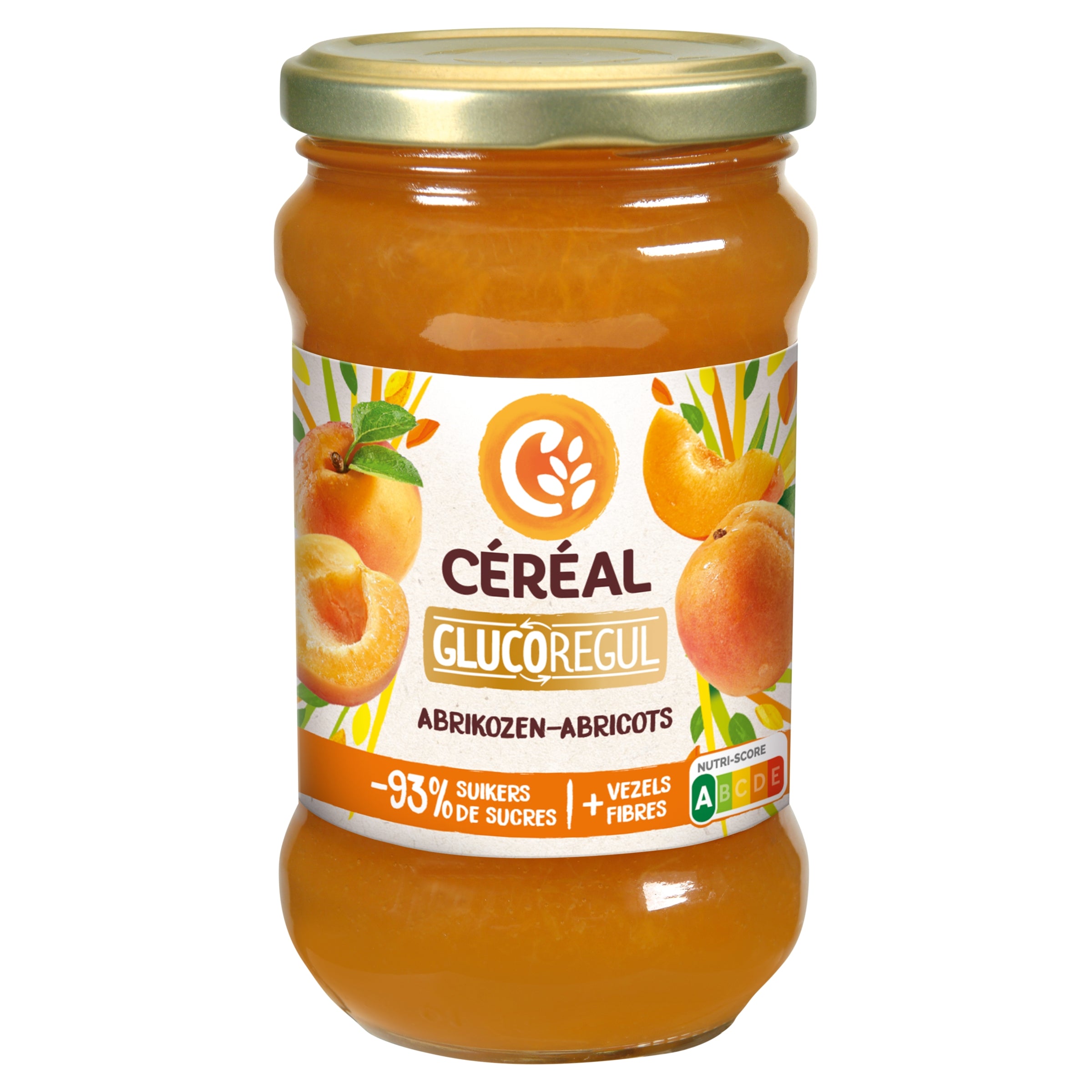 Cereal Abrikozenjam minder suikers broodbeleg spread in 320g jar, featuring apricot jam with reduced sugar content.