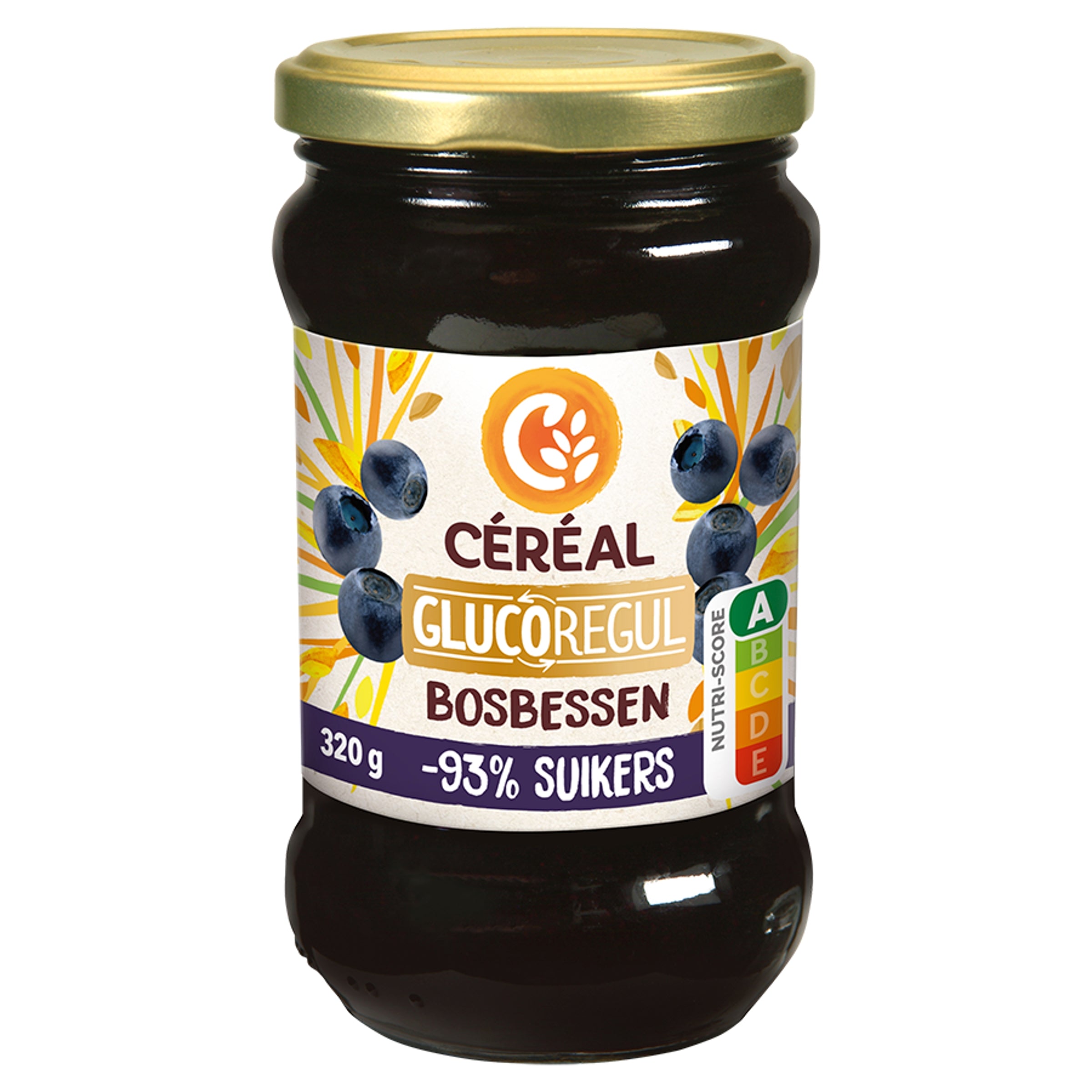 Cereal jam bosbessen minder suikers, 320g, a spread for bread with blueberries and reduced sugar content.