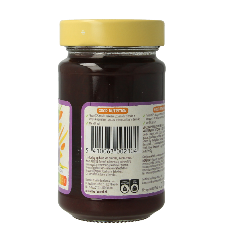 Cereal Fruit pruimen suikervrij broodbeleg in 270g jar, natural fruit spread with no added sugar, suitable for bread and snacks