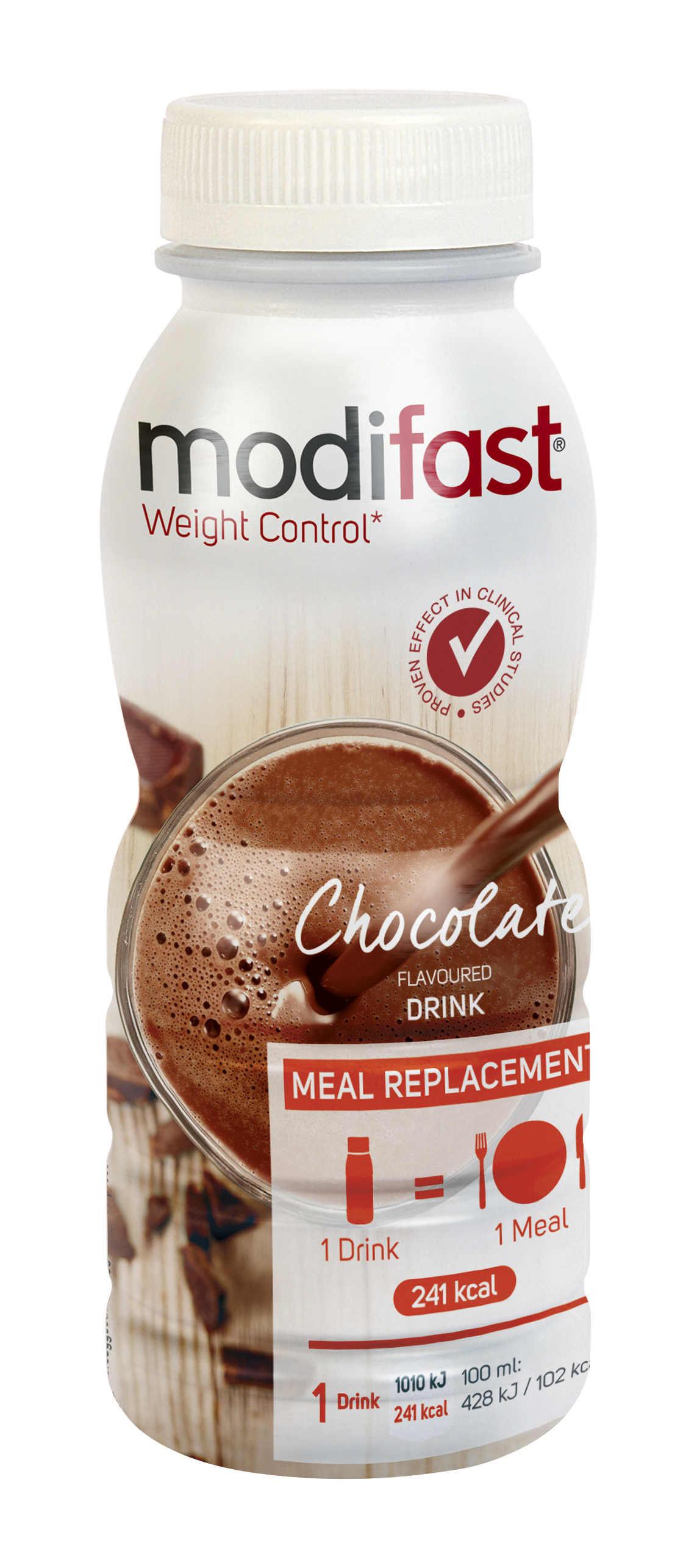 Modifast Intensive chocolate meal replacement drink in a 236ml bottle, with chocolate flavor and branded packaging.