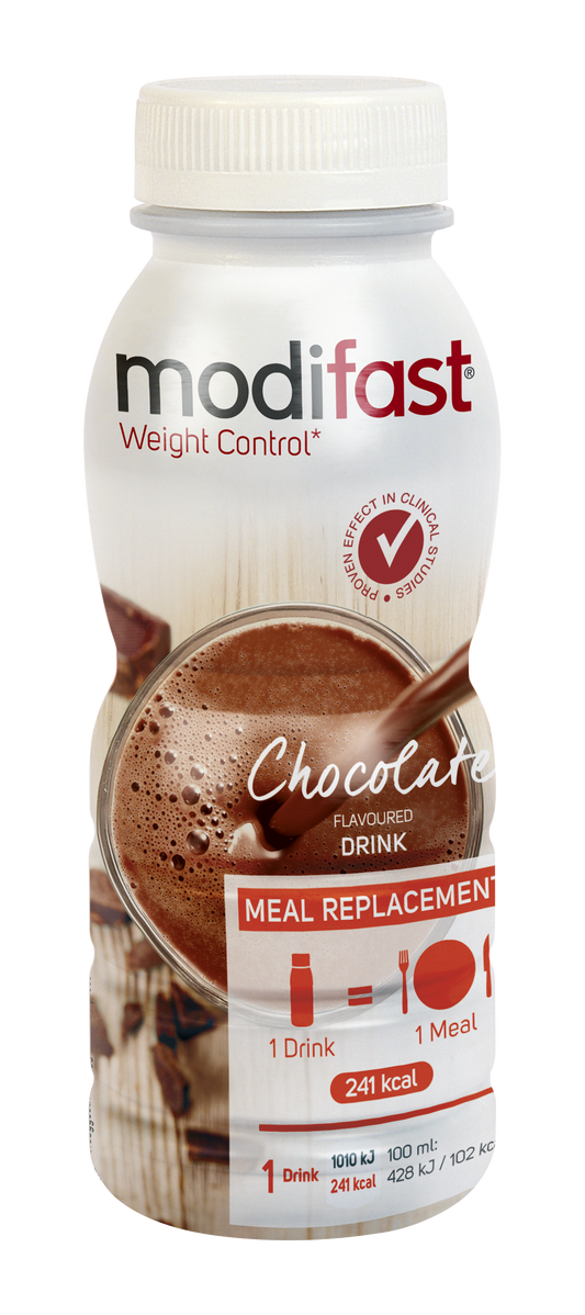 Modifast Intensive chocolate meal replacement drink in a 236ml bottle, with chocolate flavor and branded packaging.