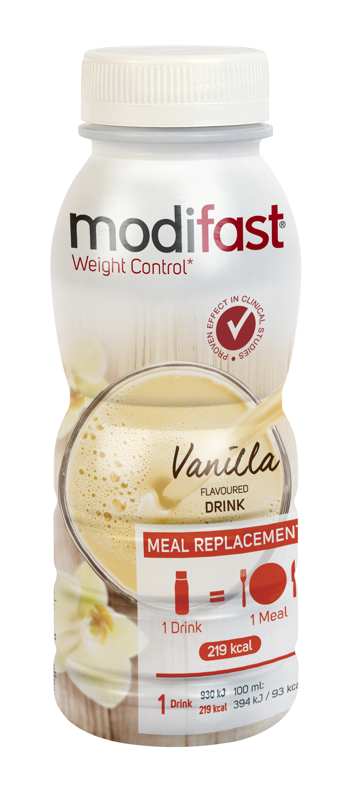 Modifast Intensive vanilla meal replacement drink in 236ml bottle, featuring a smooth vanilla flavor and nutritional benefits.
