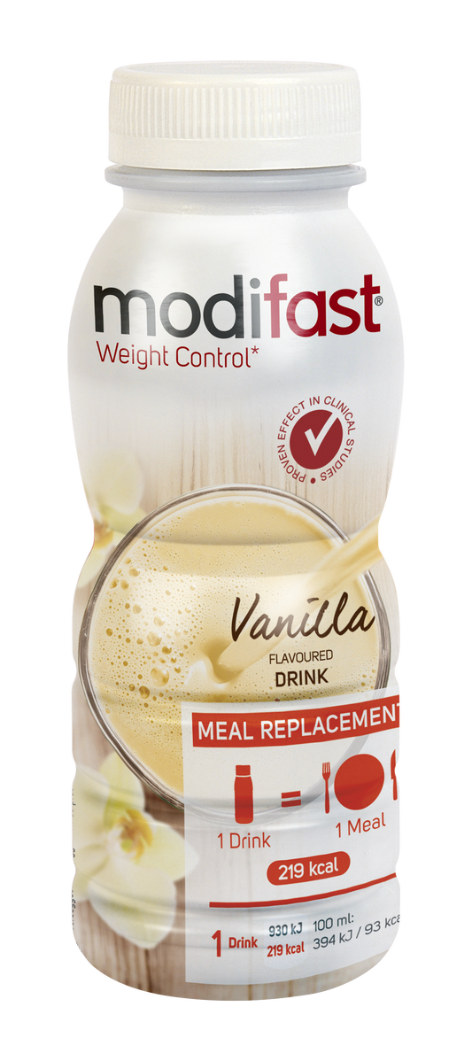 Modifast Intensive vanilla meal replacement drink in 236ml bottle, featuring a smooth vanilla flavor and nutritional benefits.
