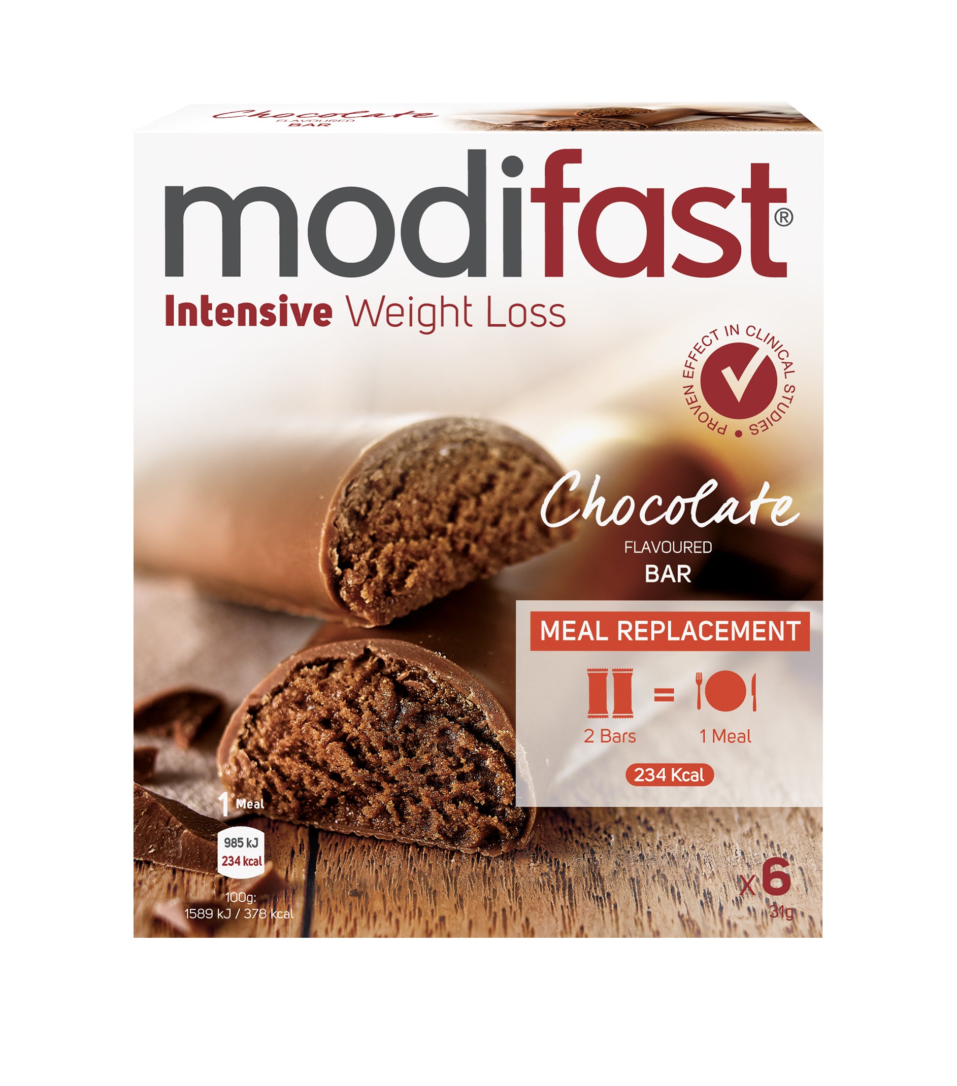 Modifast Intensive lunchbar chocolate flavor in 6-pack, 31g meal replacement bars, showing the chocolate lunchbar on the packaging.