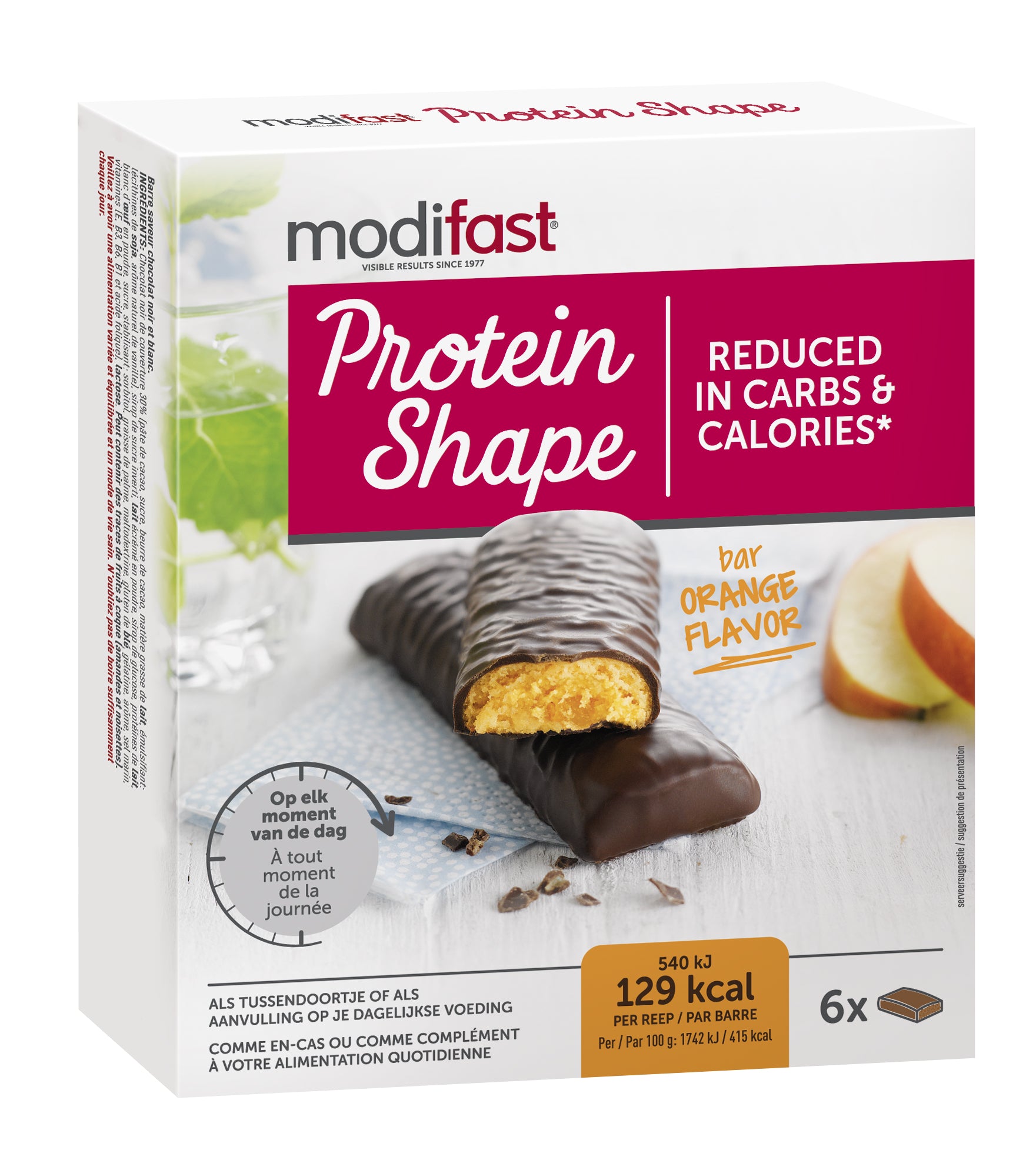 Modifast Proteine Shape Bar orange snack, 6x31g, natural image showing the orange-flavored protein bars in packaging.