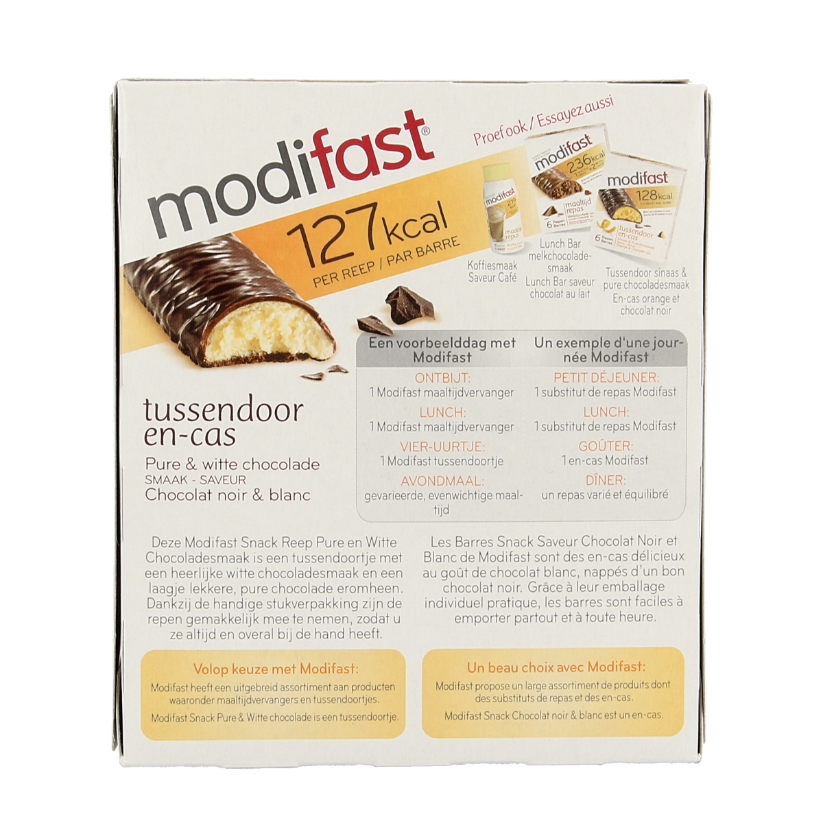 Modifast Proteine Shape Bar with dark and white chocolate, 6 packs of 31g, high-protein snack and tussendoortje.