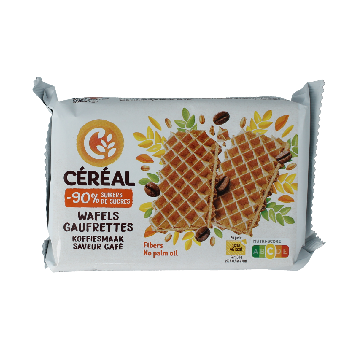 Cereal Koffiewafels minder suiker maltitol, 90g, soft coffee-flavored cookies with reduced sugar and maltitol, in a sealed package.
