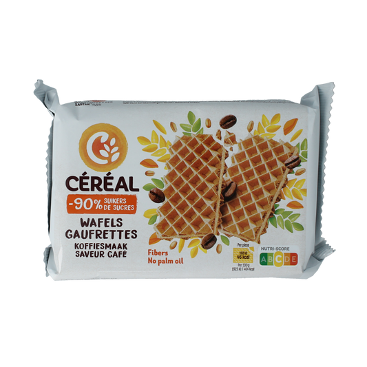 Cereal Koffiewafels minder suiker maltitol, 90g, soft coffee-flavored cookies with reduced sugar and maltitol, in a sealed package.