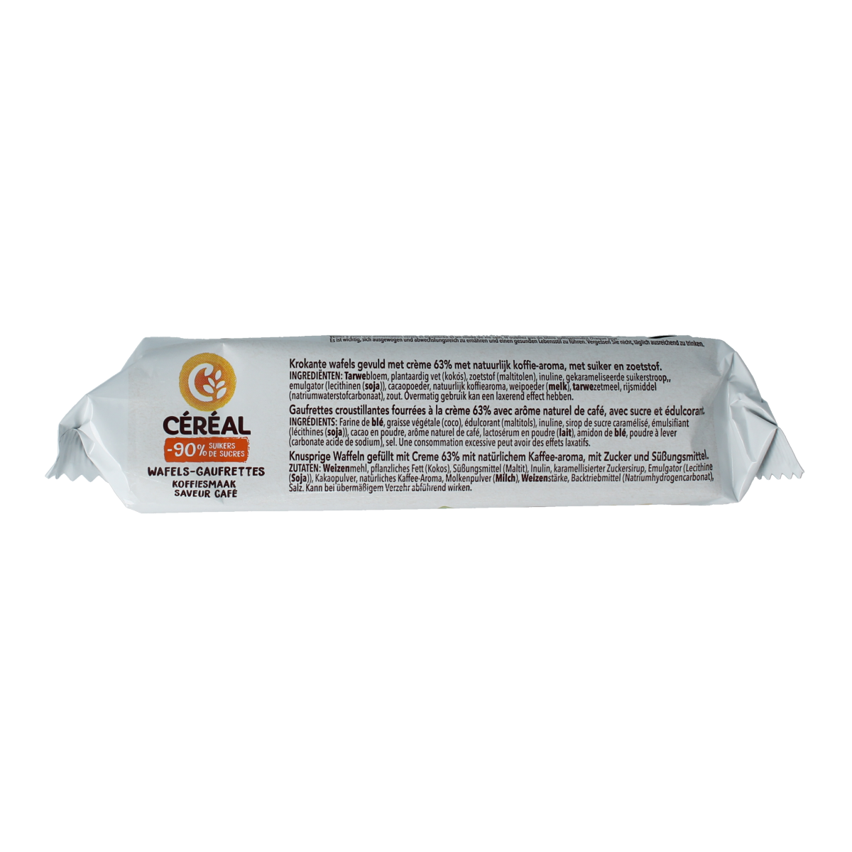 Cereal Koffiewafels minder suiker maltitol koeken in 90g package, featuring coffee-flavored wafers with reduced sugar content.