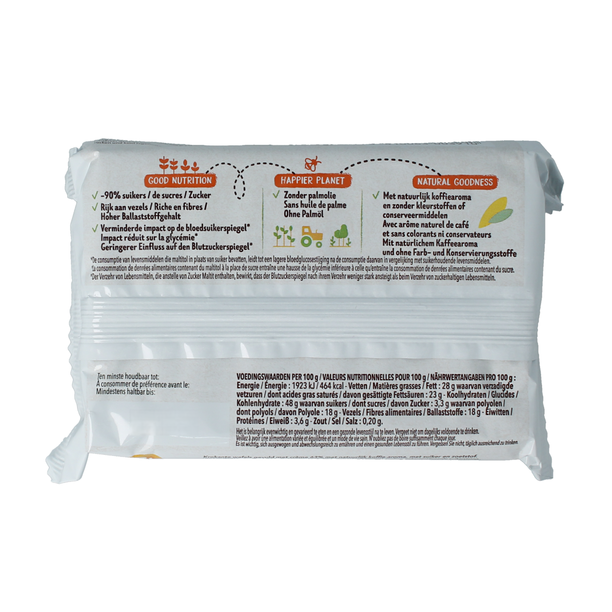 Cereal Koffiewafels minder suiker maltitol koeken in 90g package, featuring coffee-flavored wafers with a light, crispy texture.