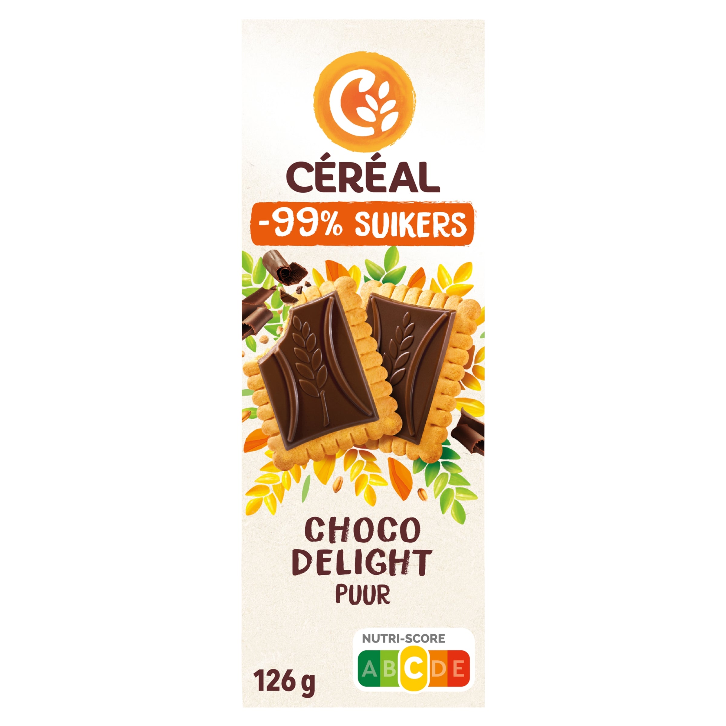 Cereal brand Choco Delight minder suikers cereal cookies in a 126g package, featuring chocolate flavor and crunchy texture.