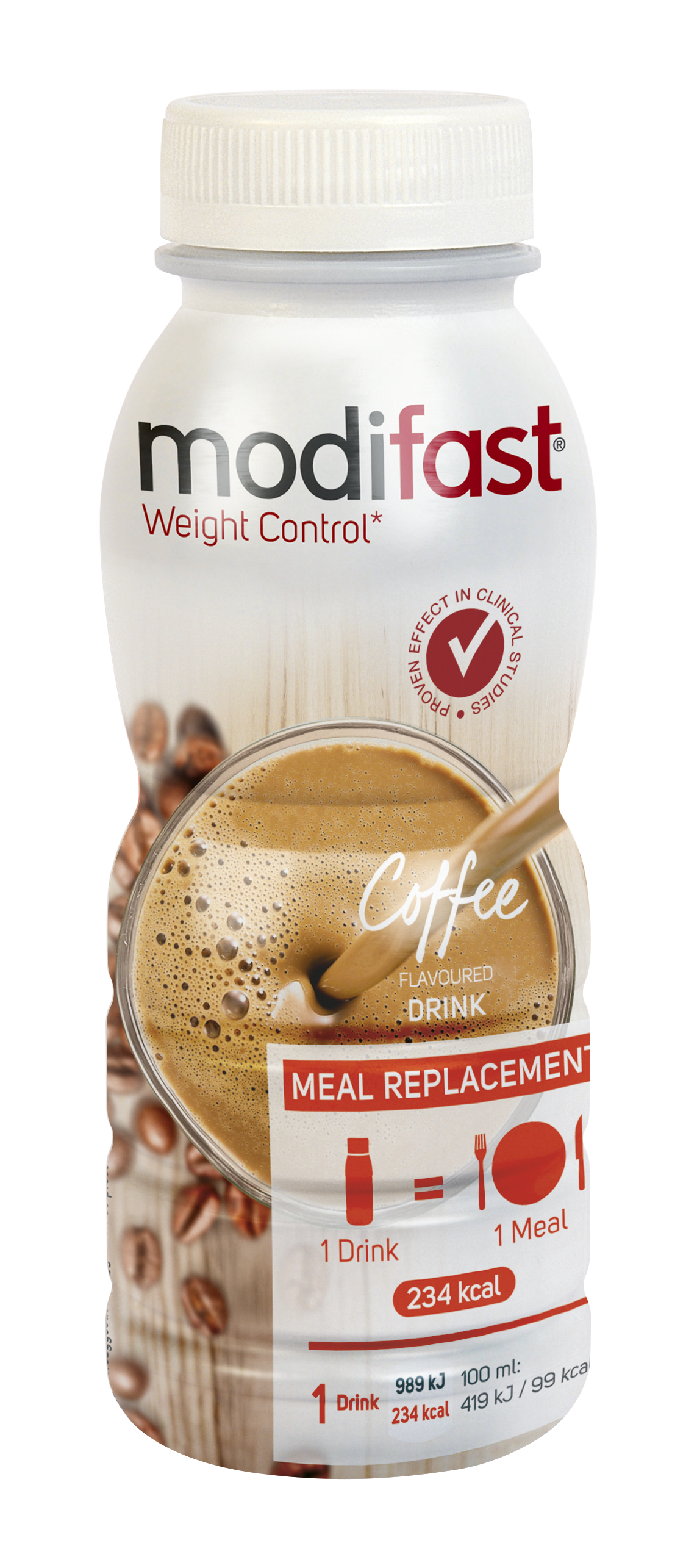 Modifast Intensive coffee meal replacement drink in 236ml bottle, rich coffee flavor, suitable for meal substitution.