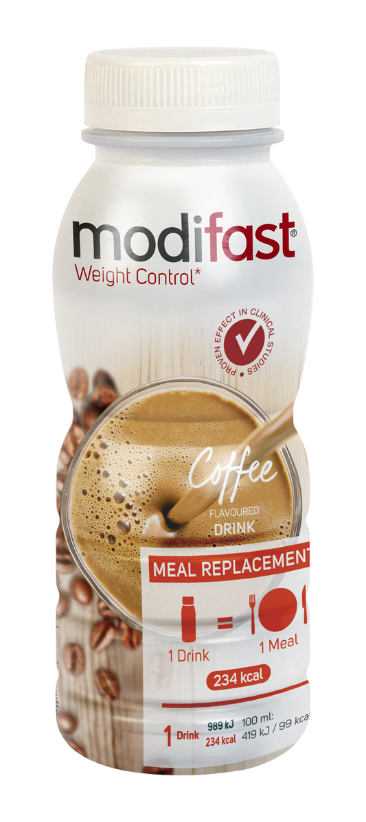Modifast Intensive coffee meal replacement drink in 236ml bottle, rich coffee flavor, suitable for meal substitution.
