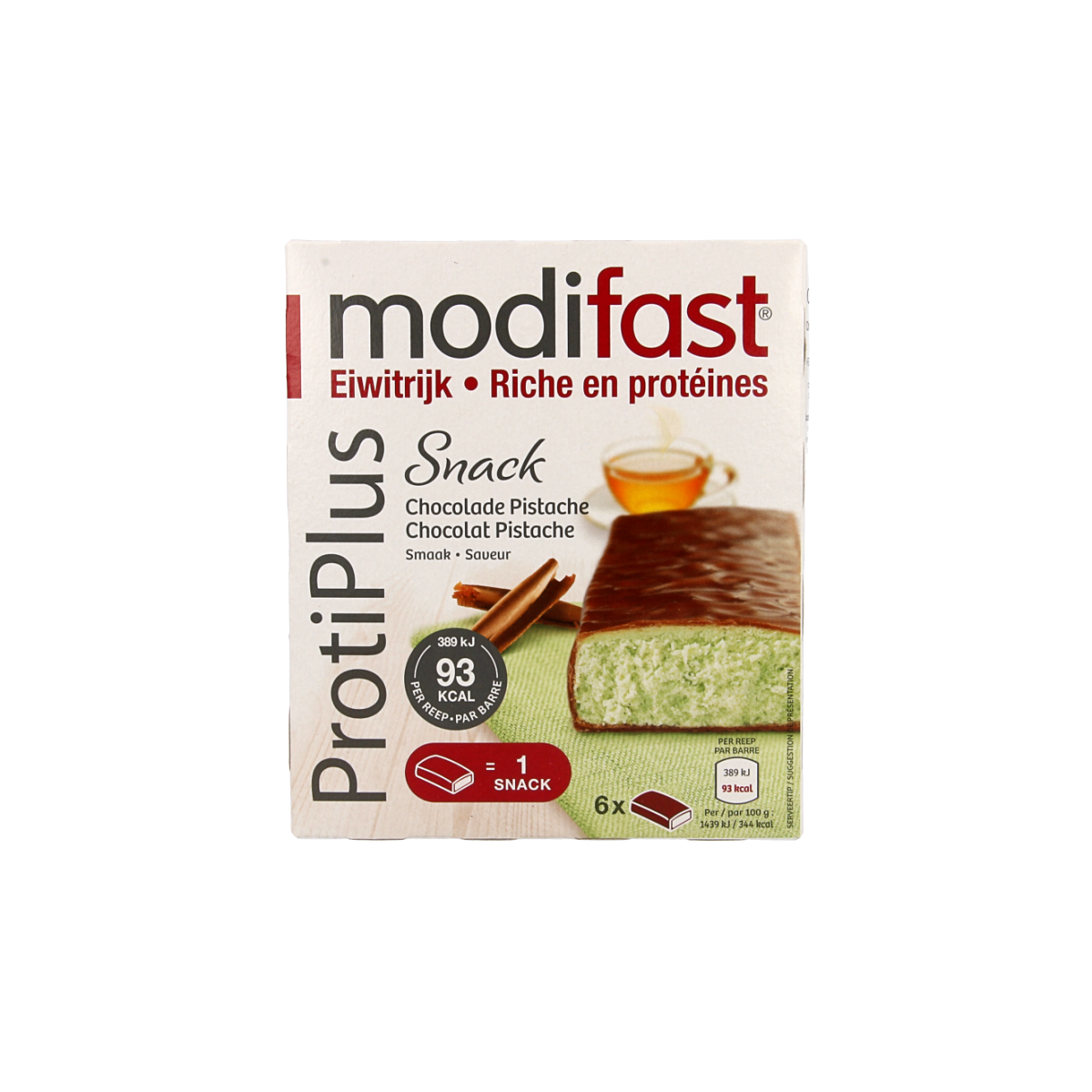 Modifast Proteine Shape Bar Pistachio, a 162g meal replacement bar with pistachio flavor, shown with the packaging and bar visible.